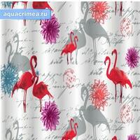 Штора в ванную комнату с рисунком "ФЛАМИНГО", без колец, полиэстэр